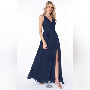 Azazie Shanna Dress in Dark Navy Blue bridesmaid dress size 6 wedding guest lace